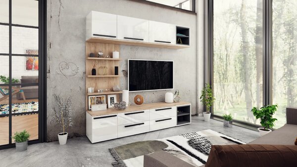 Kiara M03- TV шкаф (златен дъб харбър + бял гланц)