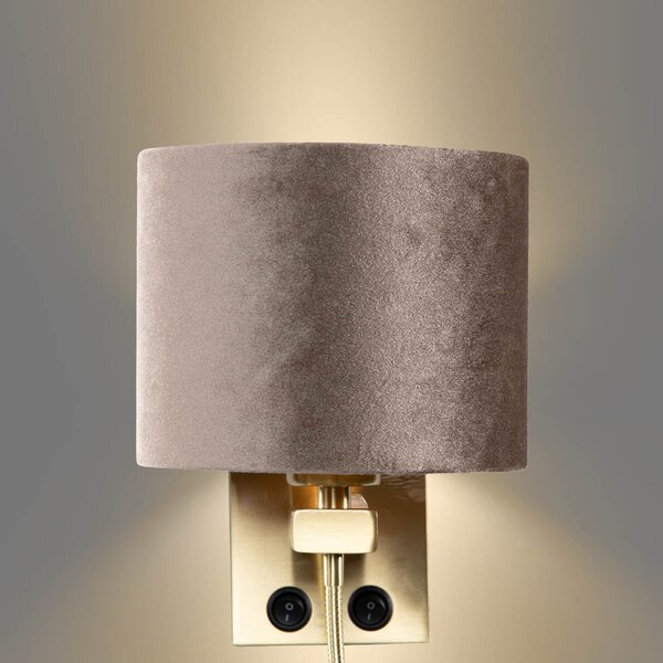 Wandlamp brons met velours kap taupe 18cm - Brescia Combi