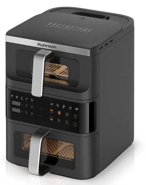 Фритюрник с горещ въздух Rohnson Double Stack R-2892, 10 л. вместимост, 10 автоматични програми и двойно прозорче, 2500W