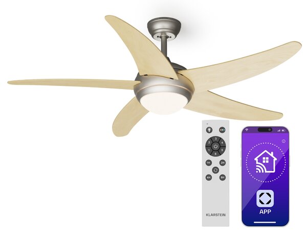 Klarstein Bolero 2 в 1 Smart, вентилатор за таван, Ø 132 cm, светлина 55 W, дистанционно управление, управление чрез приложение, двупосочно управление