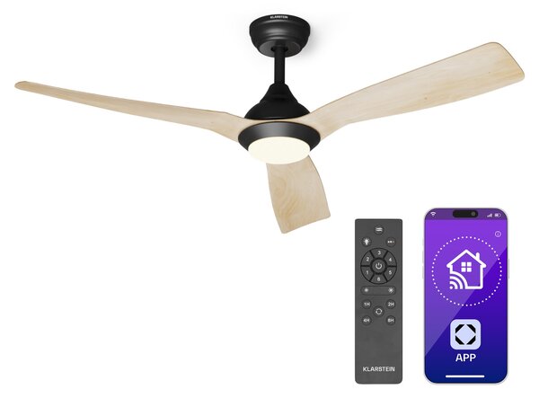 Klarstein Fiji Flow 2 в 1 Smart, таванен вентилатор, Ø 132 cm, LED светлина, дистанционно управление, управление чрез приложение, 2 посоки на въртене