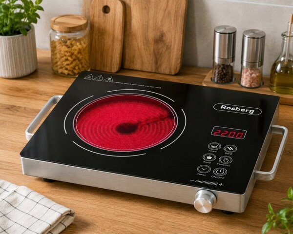Единичен инфрачервен котлон Rosberg R51445P, 2200W, 28x36 см, 11 степени на температурата, LED дисплей, Черен