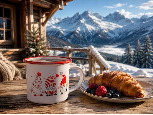 Емайлирана чаша Rosberg R51306A7, 250 мл, 7x7 см, Заоблен ръб, Коледен дизайн, Бял/Червен