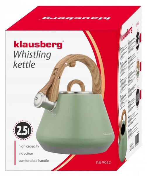 Свирещ чайник Klausberg KB 9062, 2.5 л, Неръждаема стомана, Ненагряваща се дръжка, Индукция, Зелен
