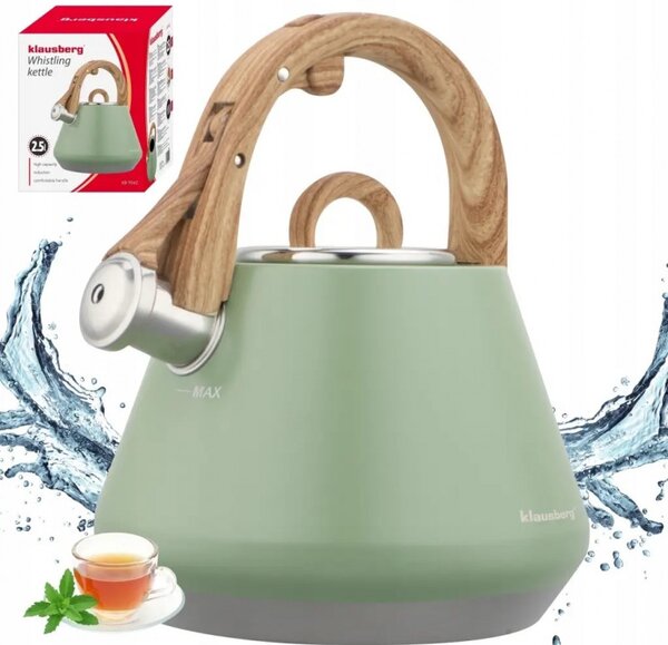 Свирещ чайник Klausberg KB 9062, 2.5 л, Неръждаема стомана, Ненагряваща се дръжка, Индукция, Зелен