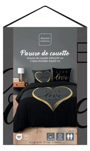 Черно двойно /удължено 3 части памучно спално бельо 240x220 cm Crazy Love – douceur d'intérieur