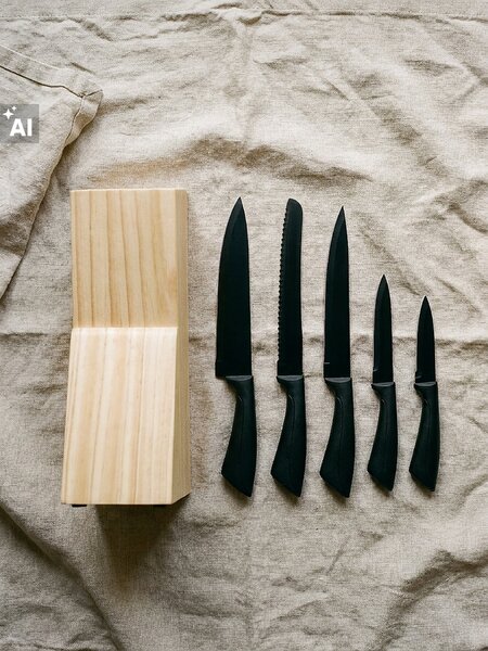 Sinsay - Комплект кухненски ножове с дървен блок 6 pack - черeн