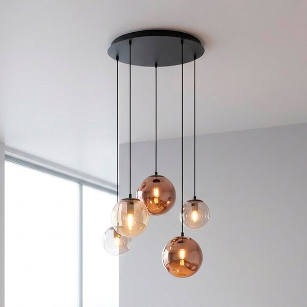 JUST LIGHT. GmbH Висяща лампа „Shiny“, с 5 лампи, кръгла, многоцветна, стъклена, E14, Затъмняване, Черен, Дневна/трапезария, Стъкло, Висулки в пакет
