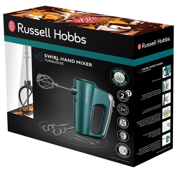 Ръчен миксер Russell Hobbs Swirl 25891-56, 350W, 5 скорости, Турбо, Бутон за приставки, High Performance Helix Beater, Без BPA, Тюркоаз