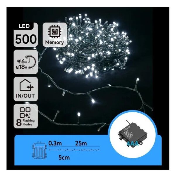Aigostar - LED външна коледна гирлянда 500xLED/8 режима 4xAA 25,3 м студено бяла