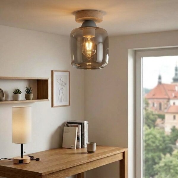 BRILAGI - LED таванно осветително тяло R GLASS 1xE27/60W/230V Ø 14 см дъб/димно сиво