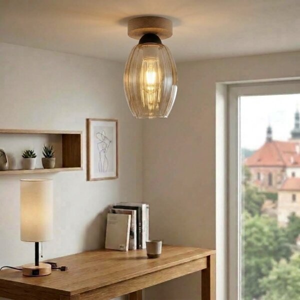 BRILAGI - LED таванно осветително тяло R GLASS 1xE27/60W/230V Ø 17 см дъб/димно бежово