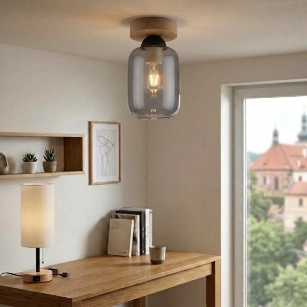 BRILAGI - LED таванно осветително тяло R GLASS 1xE27/60W/230V Ø 14 см дъб/димно сиво