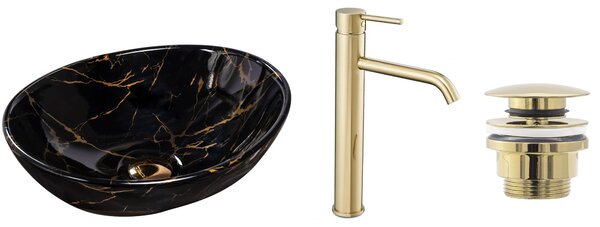 Комплект Умивалник за плот Sofia marble black + Смесител за баня Lungo gold + Изпускателен клапан gold