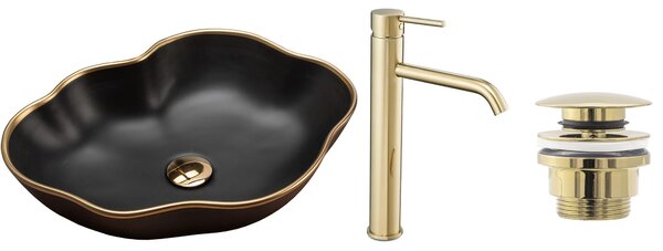 Комплект Умивалник за плот Rea Pearl black matt gold edge + Смесител за баня Lungo gold + Изпускателен клапан gold