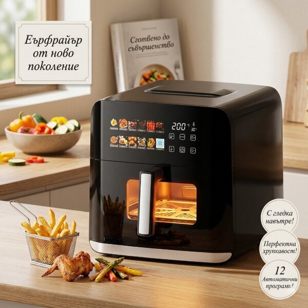 Фритюрник с горещ въздух Oliver Voltz OV51980CF, 1800W, 8 л, 80-200°C, 12 програми, Таймер, Горен и долен нагревател, Прозорец, LED, Черен