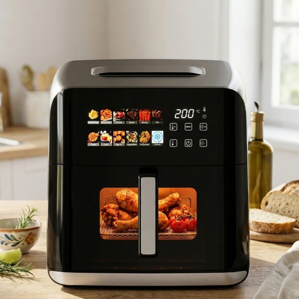 Фритюрник с горещ въздух Oliver Voltz OV51980CF, 1800W, 8 л, 80-200°C, 12 програми, Таймер, Горен и долен нагревател, Прозорец, LED, Черен