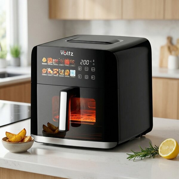 Фритюрник с горещ въздух Oliver Voltz OV51980CF, 1800W, 8 л, 80-200°C, 12 програми, Таймер, Горен и долен нагревател, Прозорец, LED, Черен