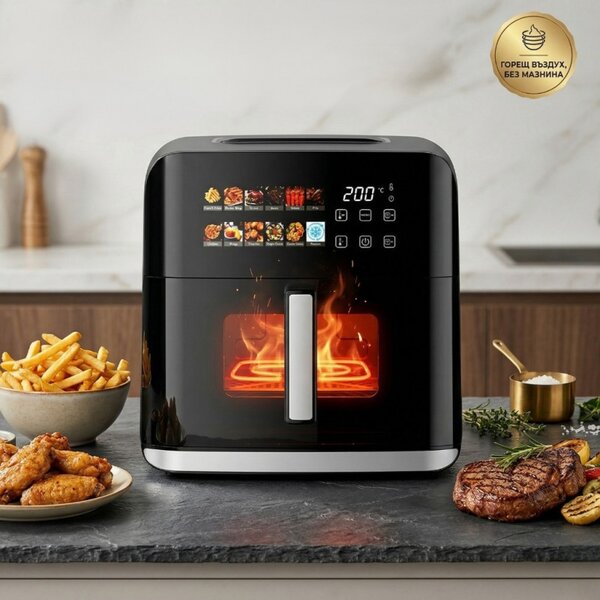 Фритюрник с горещ въздух Oliver Voltz OV51980CF, 1800W, 8 л, 80-200°C, 12 програми, Таймер, Горен и долен нагревател, Прозорец, LED, Черен