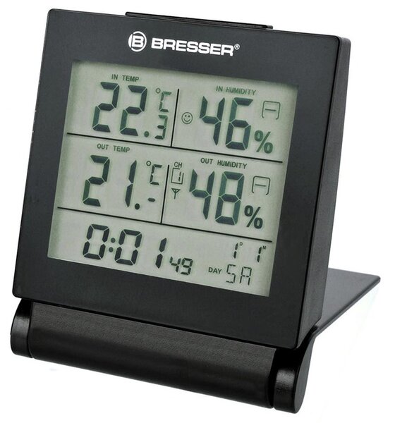 Електронна метеостанция Bresser MyTime Travel Alarm Clock, показване на вътрешна и външна влажност, индикатор за климата на стаята, черна
