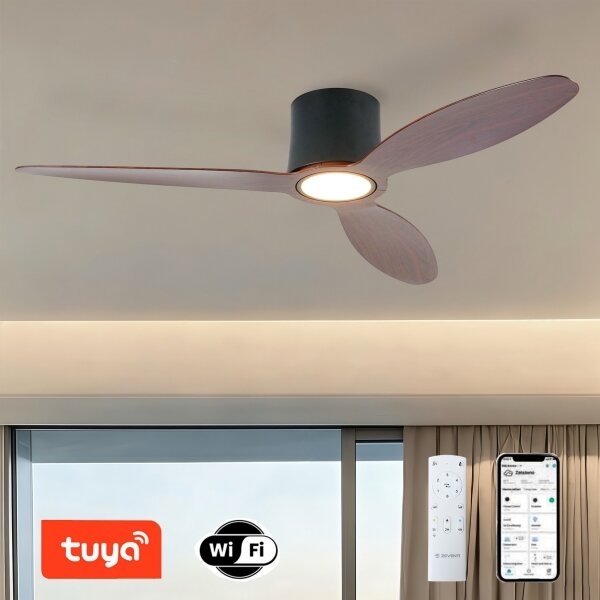 ZEVENTI - LED таванен вентилатор VENTORA LED/24W/230V Wi-Fi Tuya черен/орех + дистанционно управление