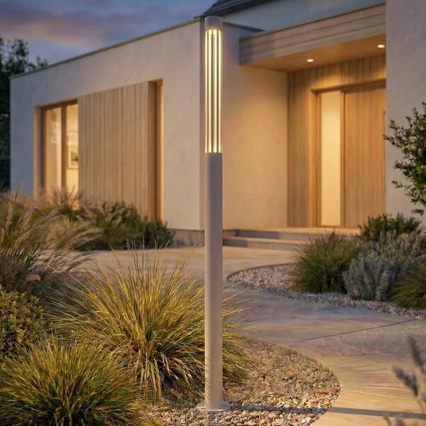 Lindby LED осветление за пътеки Fjorya, височина 90 cm, каменно сиво, IP65, Сив, Алуминий, Модерен