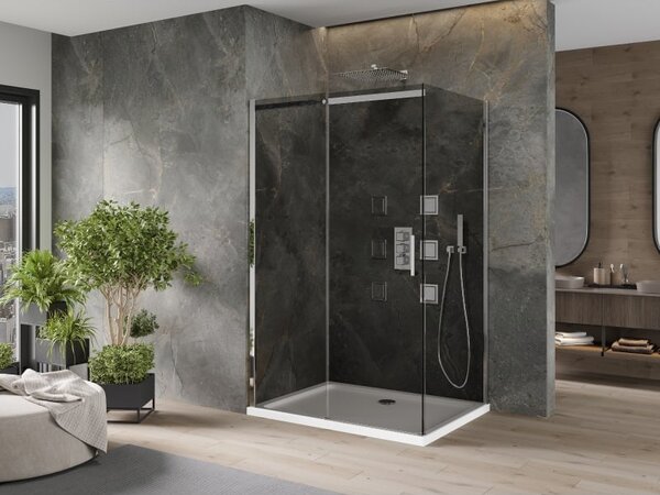 Mexen Omega раздвижна душ кабина 100 x 90 см, графит, хром + тава Flat, бяла
