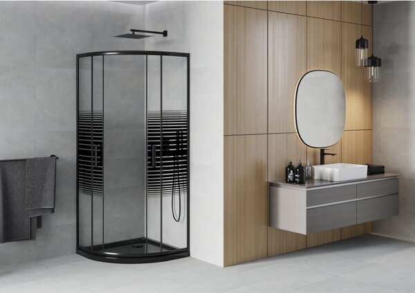 Mexen Rio душ кабина полукръгла 80 x 80 см, черни ленти, черна + корито Flat, черно - 863-080-080-70-20-4170B