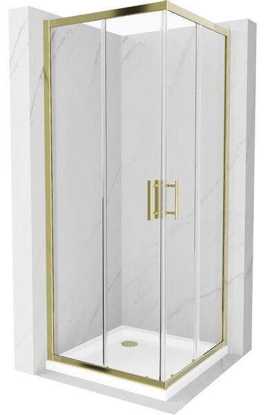 Mexen Rio квадратна душ кабина 90 x 90 см, прозрачна, златна + корито Flat, бяло