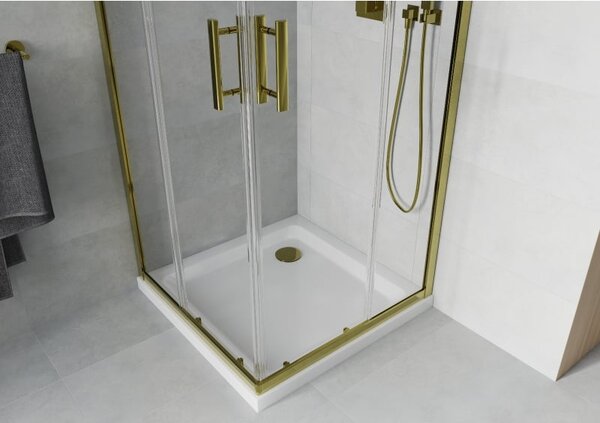 Mexen Rio квадратна душ кабина 90 x 90 см, прозрачна, златна + корито Flat, бяло