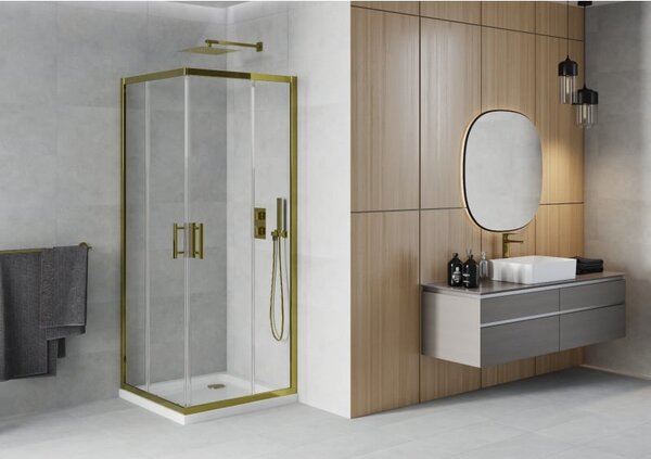 Mexen Rio квадратна душ кабина 90 x 90 см, прозрачна, златна + корито Flat, бяло