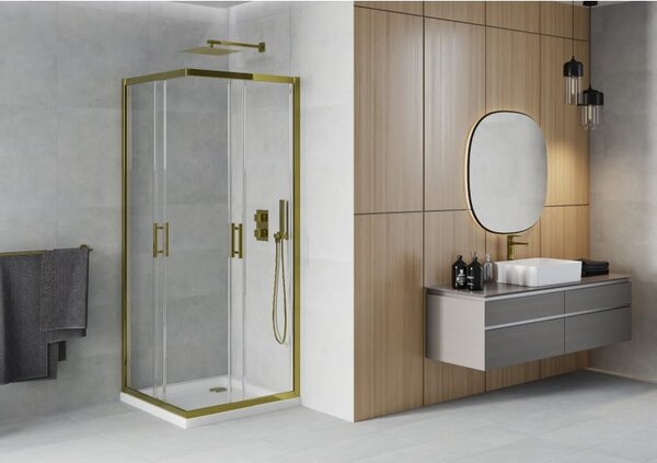 Mexen Rio квадратна душ кабина 90 x 90 см, прозрачна, златна + корито Flat, бяло