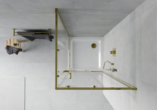 Mexen Rio квадратна душ кабина 90 x 90 см, прозрачна, златна + корито Flat, бяло