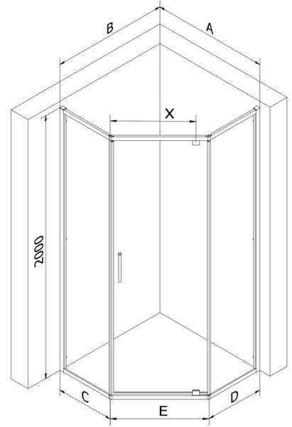 Mexen Exo петстенна душ кабина с отваряща се врата 90 x 90 см, прозрачна, златна - 812-090-090-50-00