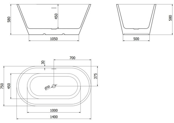 Mexen Luna самостоятелна вана 140 x 75 cm, бяла, преливен отвор златен - 52031407500-50
