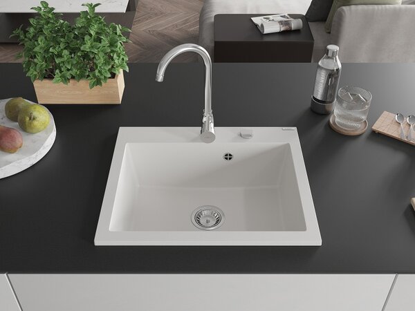 Mexen Elix гранитна кухненска мивка с 1 камера 600 x 500 mm, бяла, хромиран сифон - 6525601005-20