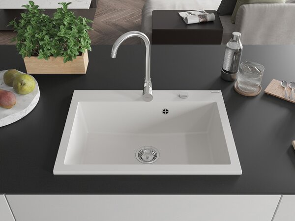 Mexen Elix кухненска мивка от гранит с 1 камера 700 x 500 mm, бяла, сифон хром - 6526701005-20