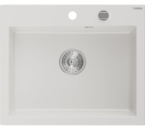 Mexen Elix гранитна кухненска мивка с 1 камера 600 x 500 mm, бяла, хромиран сифон - 6525601005-20