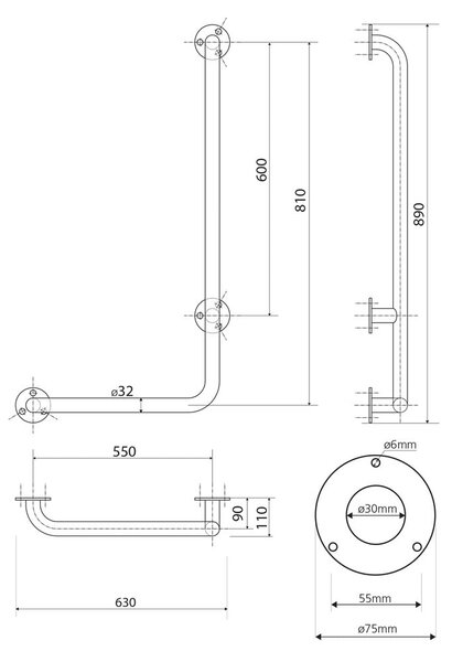 Стенен стоманен парапет за баня 63 cm Handicap Right – Sapho