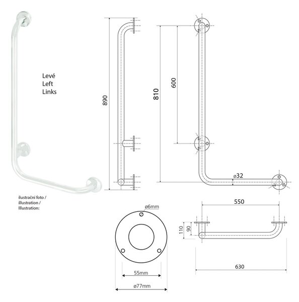 Стенен стоманен парапет за баня 63 cm Handicap Left – Sapho