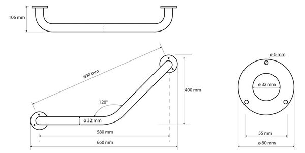 Стенен парапет за баня от неръждаема стомана 66 cm Handicap 120° – Sapho