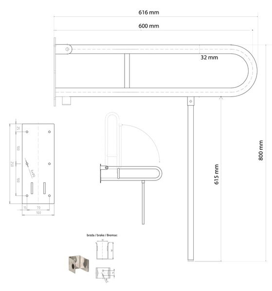 Стенен стоманен парапет за баня 62 cm Handicap – Sapho