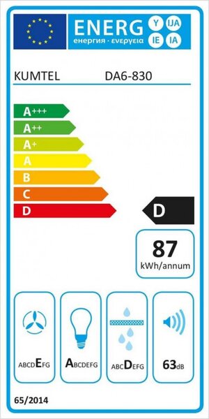 Aбсорбатор Kumtel DA6-830-A0А, 650 m3/h, 60 см, 3 скорости, Механично управление, Стъклен панел, LED осветление, Бял