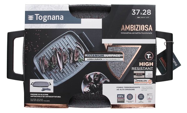 Правоъгълна грил плоча TOGNANA Ambizioza, две дръжки плюс ръкохватки, 37х27cm, сива