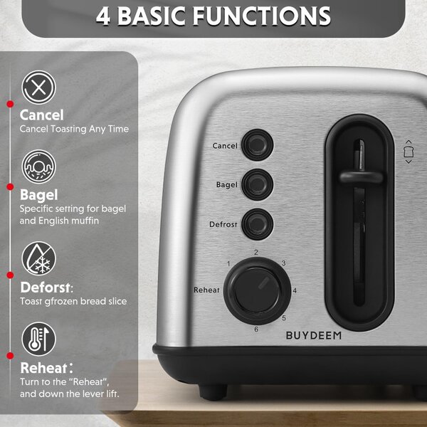 Тостер за хляб Buydeem DT620E-SS/EU, 900W, До 204C°, 7 програми, Широки отвори, Високо изскачане, Инокс