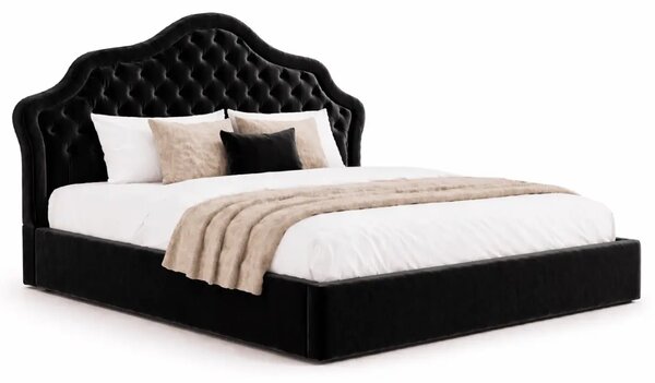 Тапицирана спалня Chesterfield Deluxe в черно кадифе с място за съхранение, подматрачна рамка и повдигащ механизъм по поръчка