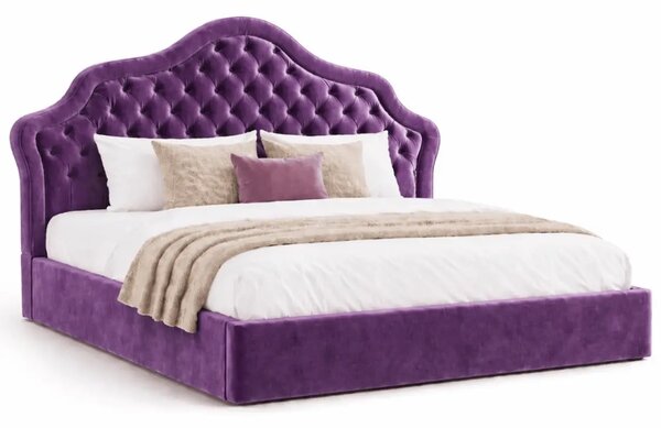 Тапицирана спалня Chesterfield Deluxe в лилаво кадифе с място за съхранение, подматрачна рамка и повдигащ механизъм по поръчка