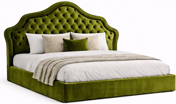 Тапицирана спалня Chesterfield Deluxe в зелено кадифе с място за съхранение, подматрачна рамка и повдигащ механизъм по поръчка