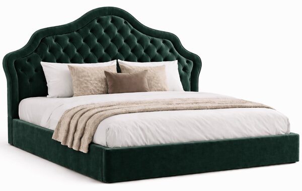 Тапицирана спалня Chesterfield Deluxe в тъмнозелено кадифе с място за съхранение, подматрачна рамка и повдигащ механизъм по поръчка