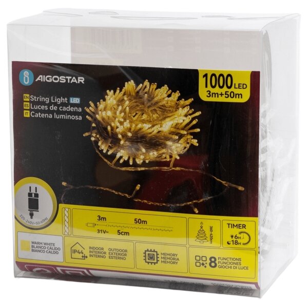 Aigostar - LED външен коледен гирлянд 1000xLED/6W/230V 50m IP44 топла бяла светлина
